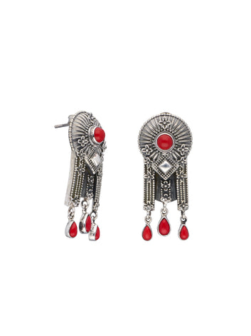 Red Coral Silver Chandelier Earrings