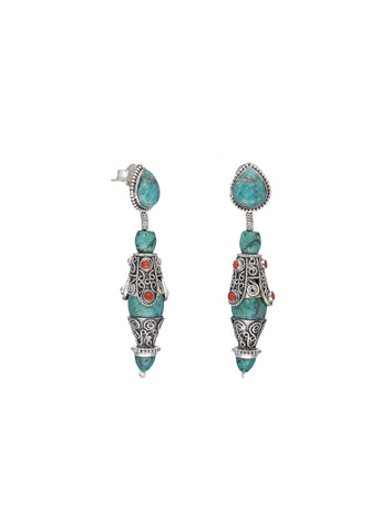 Turquoise & Red Coral Silver Drop Earrings