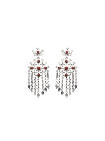 Red Coral Silver Chandelier Earrings