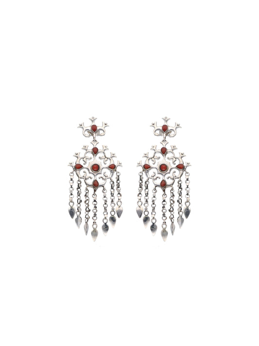 Red Coral Silver Chandelier Earrings