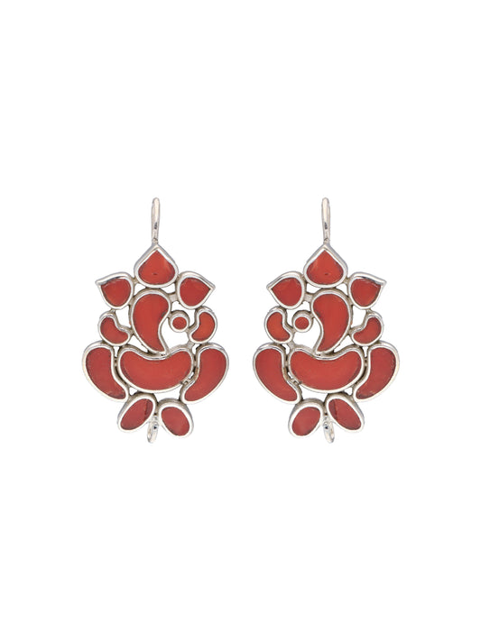 Red Coral Sterling Silver Ganesh Earrings