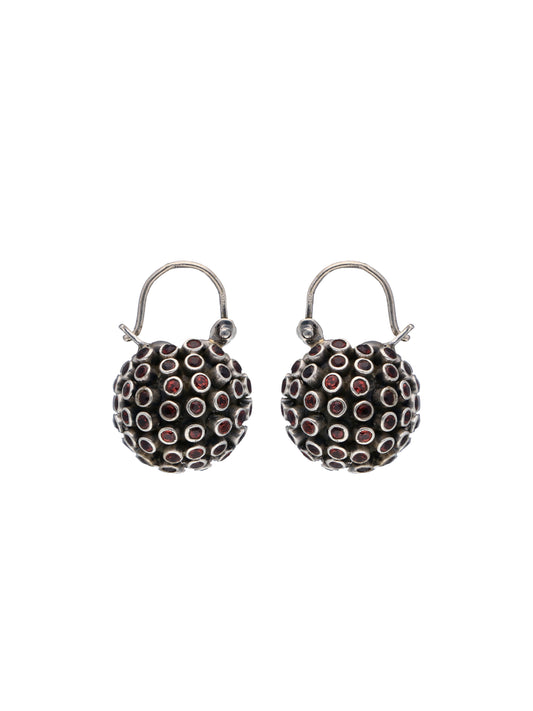 Sterling Silver Dome Earrings with Red Stones