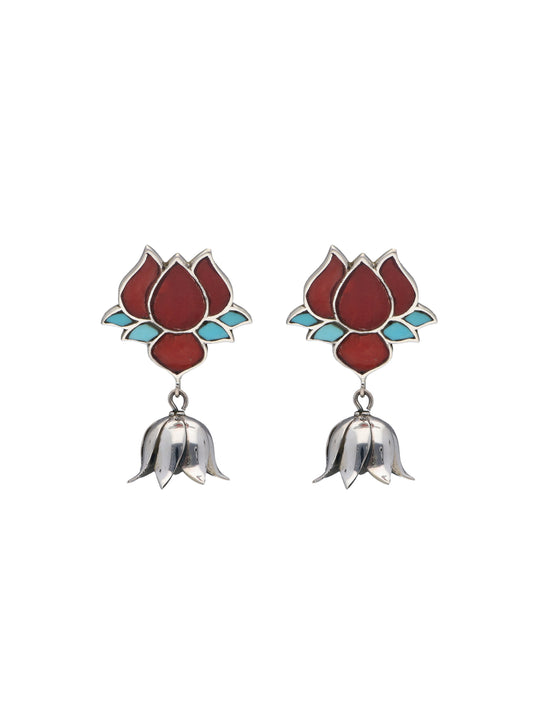 Lotus Blossom Earrings with Red Coral and Turquoise