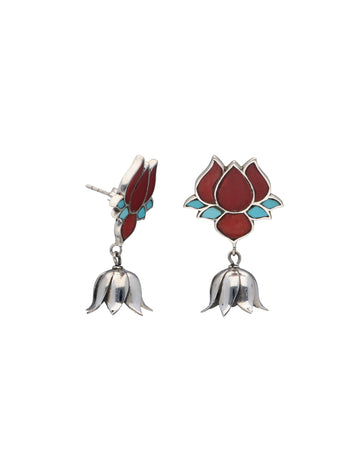 Lotus Blossom Earrings with Red Coral and Turquoise