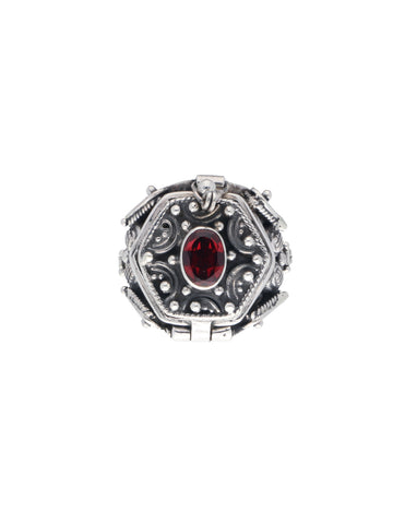 Antique Silver Poison Ring with Garnet Stone - Intricate Filigree Design