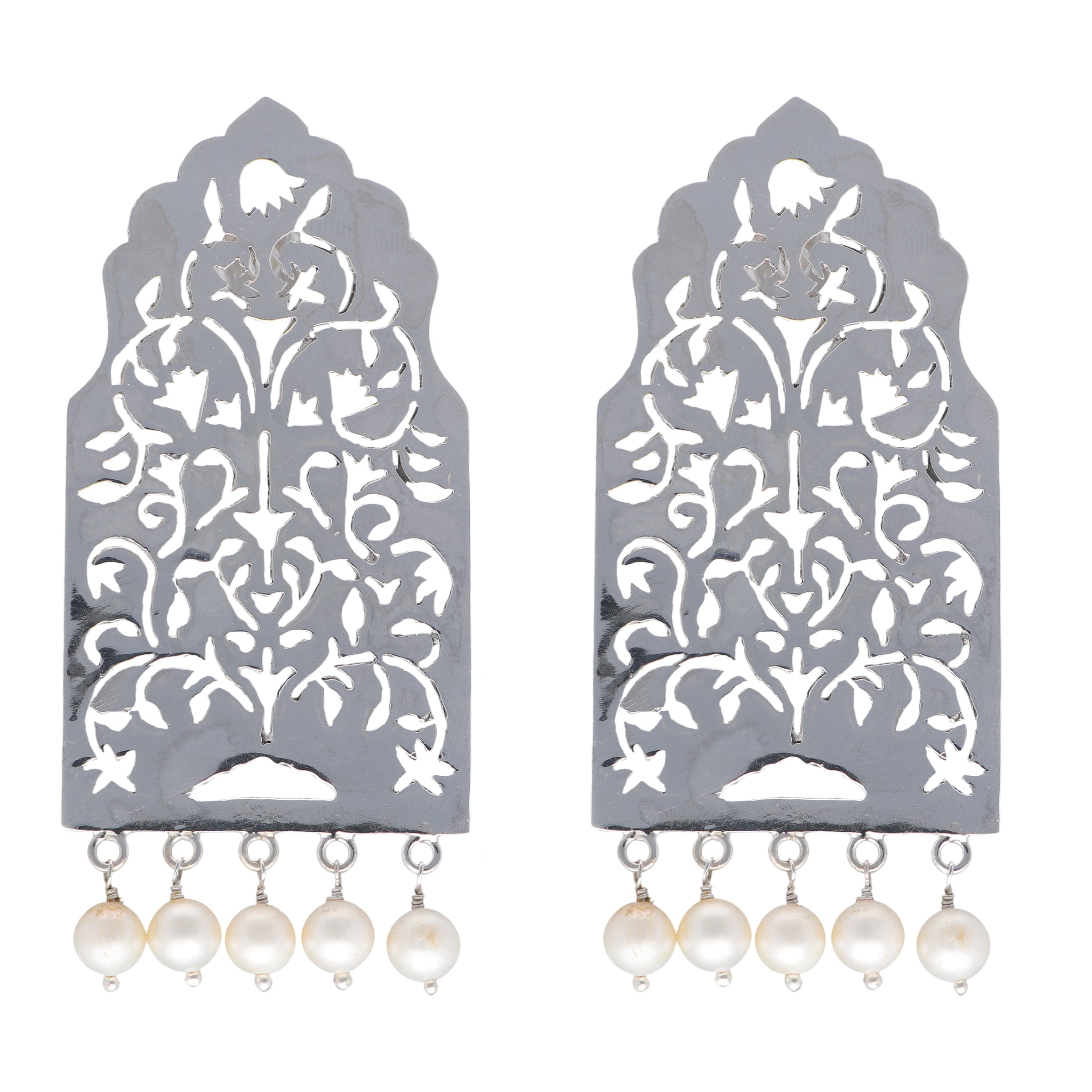 Architectural Silver Filigree Earrings with Dangling Pearls