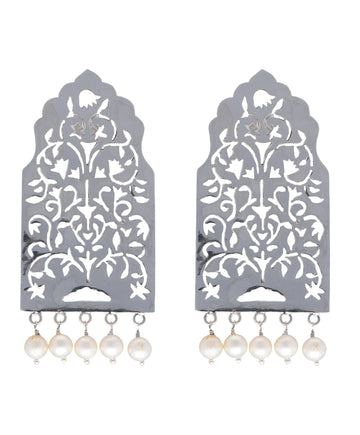 Architectural Silver Filigree Earrings with Dangling Pearls