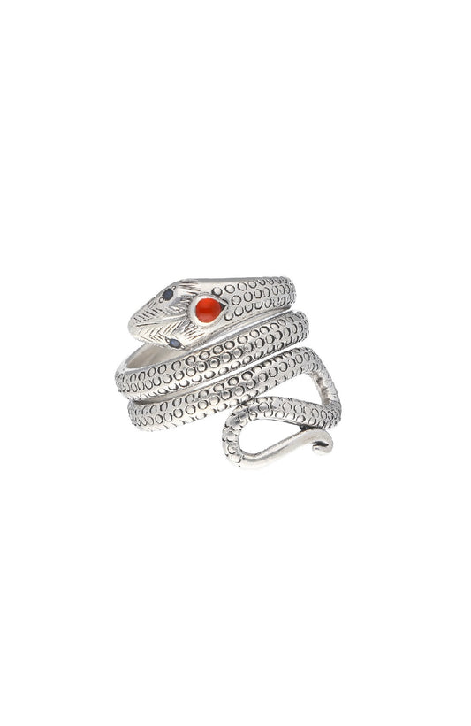 Serpent-Inspired Sterling Silver Wrap Ring with Carnelian Accent