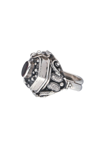 Antique Silver Poison Ring with Garnet Stone - Intricate Filigree Design