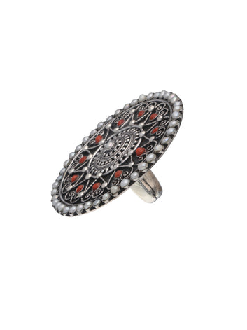 Ornate Circular Silver Ring with Semi-Precious Stones and Pearls