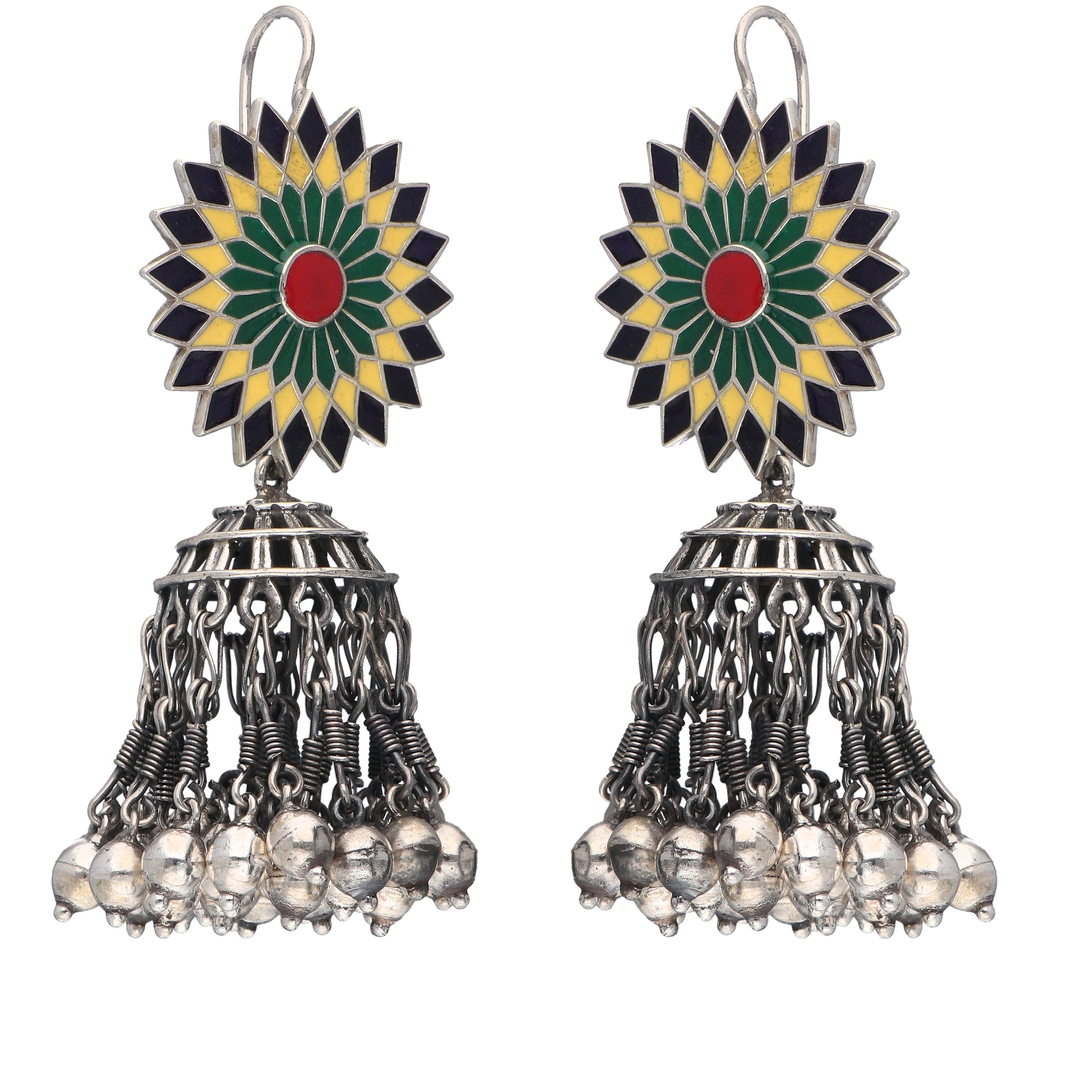 Enamel Blossom Jhumka Earrings with Vintage Silver Bells