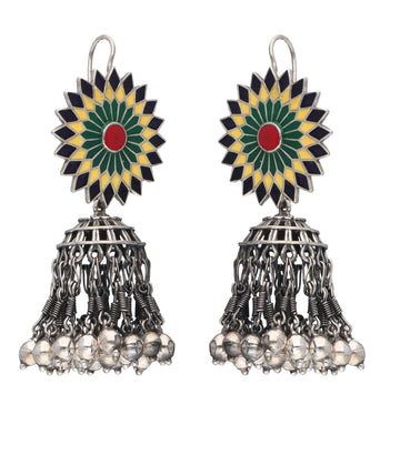 Enamel Blossom Jhumka Earrings with Vintage Silver Bells