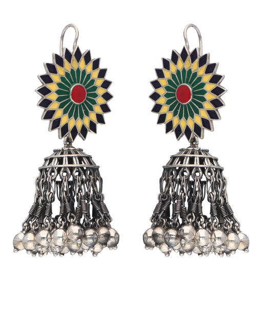 Enamel Blossom Jhumka Earrings with Vintage Silver Bells