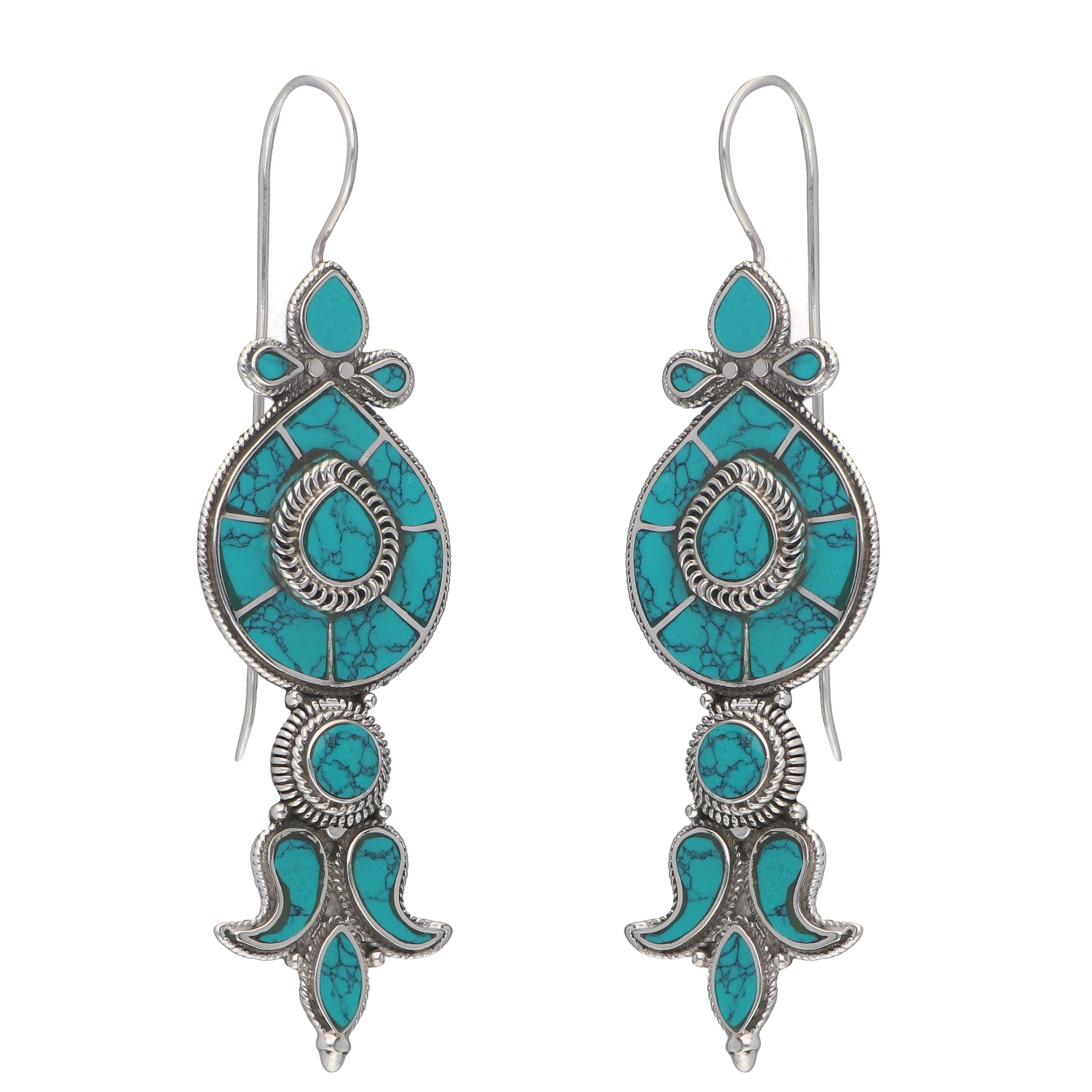 Turquoise Teardrop Silver Coil Earrings with Intricate Detailing