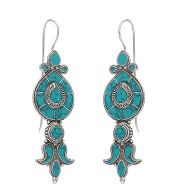 Turquoise Teardrop Silver Coil Earrings with Intricate Detailing
