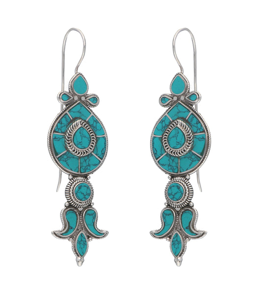Turquoise Teardrop Silver Coil Earrings with Intricate Detailing